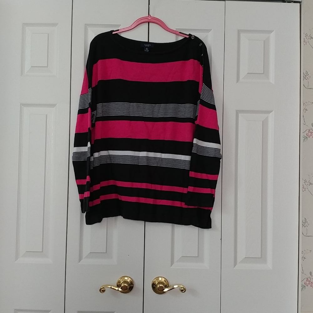 Sweater. Navy, pink and white horizontal stripes.